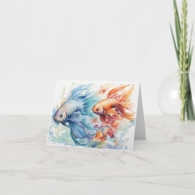 Watercolor Beta Fish  Blue & Orange Blank Note Card (Front)
