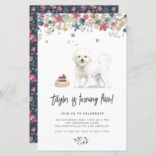 Watercolor Bichon Frise Dog Birthday Invitation (Front/Back)
