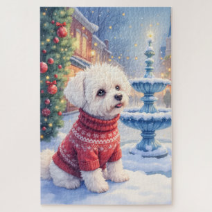 Watercolor Bichon Frise Festive Fountain Christmas Jigsaw Puzzle