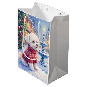 Watercolor Bichon Frise Festive Fountain Christmas Medium Gift Bag