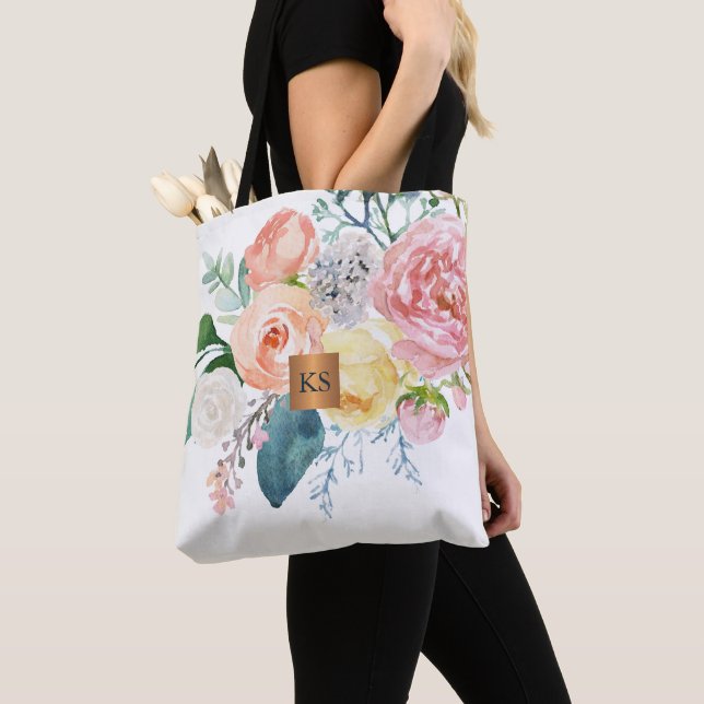 Watercolor big peonies metallic copper monogrammed tote bag (Close Up)