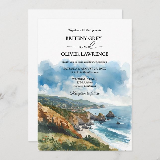 Watercolor Big Sur California Coast Wedding Invitation (Front/Back)