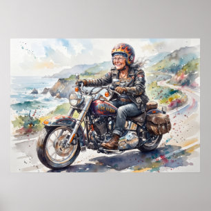Watercolor Biker Granny Riding Motorcycle Art Poster