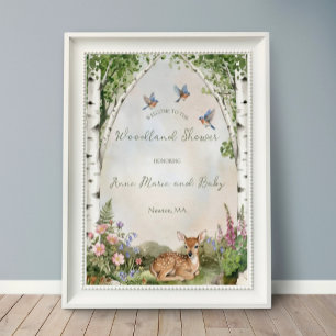 Watercolor Birch Trees & Fawn Woodland Baby Shower Poster