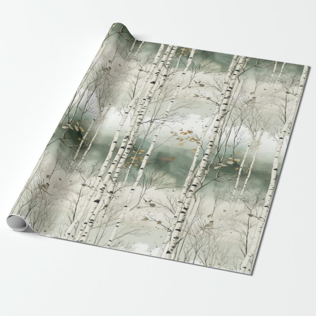 Watercolor Birch Trees Pattern Wrapping Paper (Unrolled)