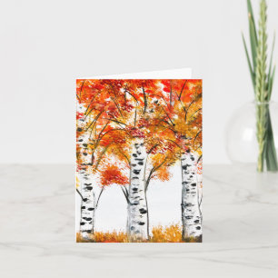Watercolor Birches Trees Fall Autumn orange Leaves Card