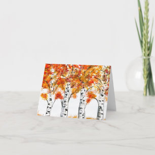 Watercolor Birches Trees Fall Autumn orange Leaves Card