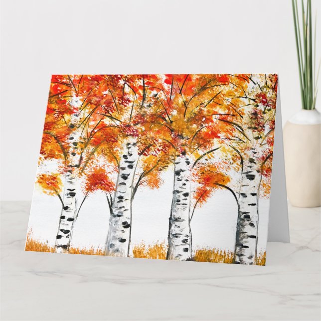 Watercolor Birches Trees Fall Autumn orange Leaves Card (Front)