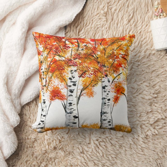Watercolor Birches Trees Fall Autumn orange Leaves Cushion (Blanket)