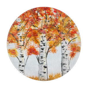 Watercolor Birches Trees Fall Autumn orange Leaves Cutting Board