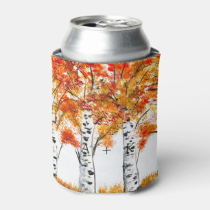 Watercolor Birches Trees Fall Autumn Wedding Can Cooler