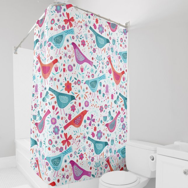 Watercolor Bird and Floral Shower Curtain (Watercolor birds & flowers painting in teal green, magenta pink, purple & orange art shower curtain)