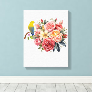 Watercolor Bird and Pink Flowers Canvas Print