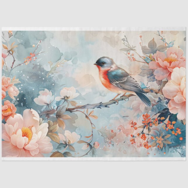 Watercolor Bird and Pink Flowers Decoupage Tissue Paper (Front)
