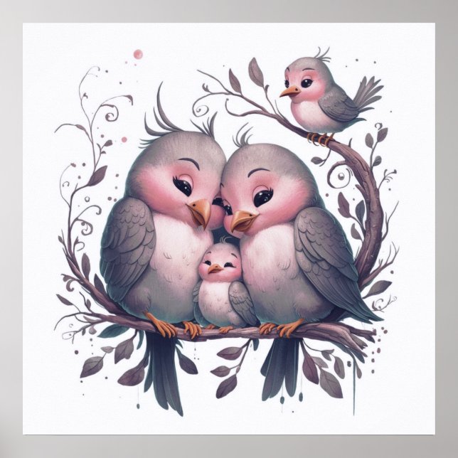 Watercolor bird family with kids#5 poster (Front)