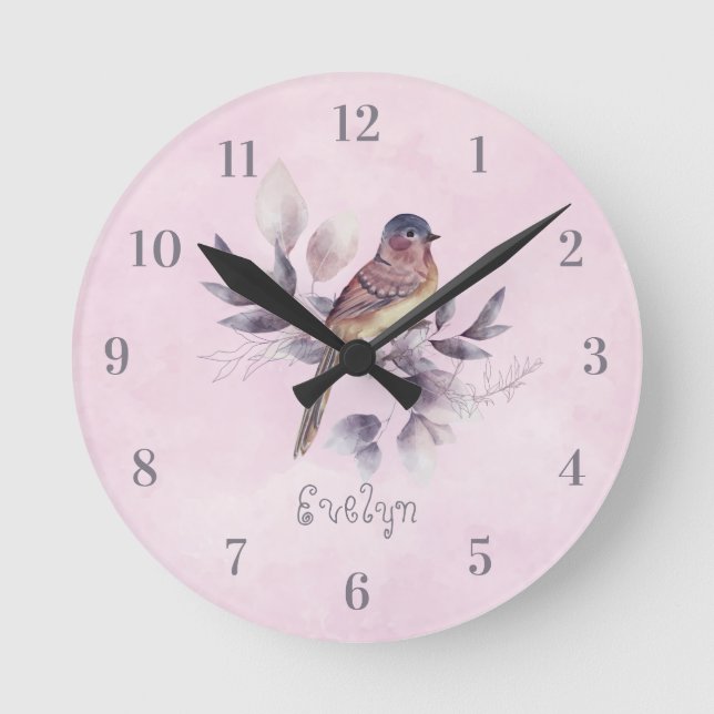 Watercolor Bird Girl Name Acrylic Wall Clock (Front)