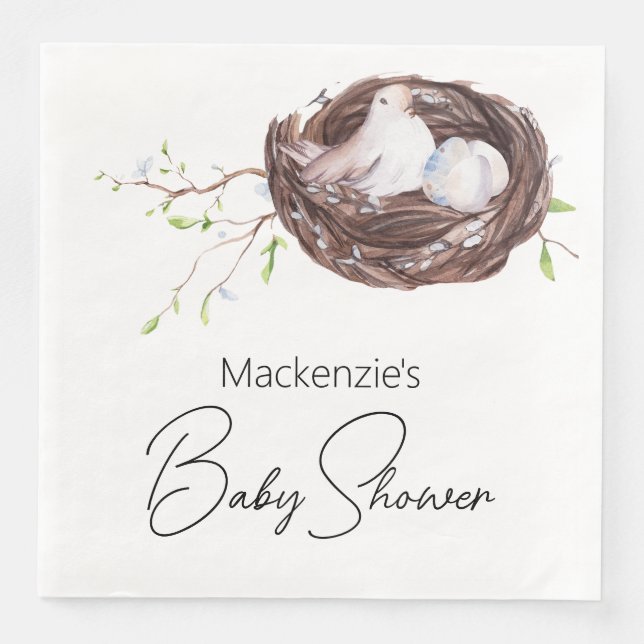 Watercolor Bird Nest and Eggs Baby Shower Napkin (Front)