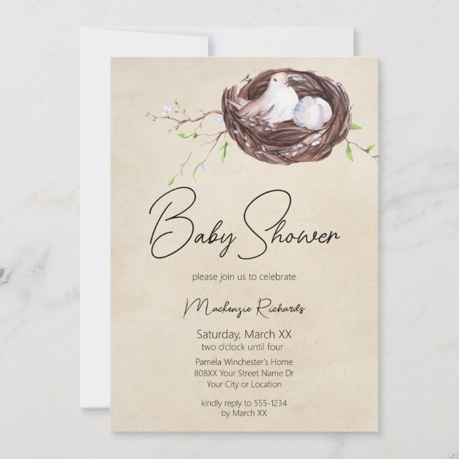 Watercolor Bird Nest and Eggs Faded Parchment Invitation (Front)