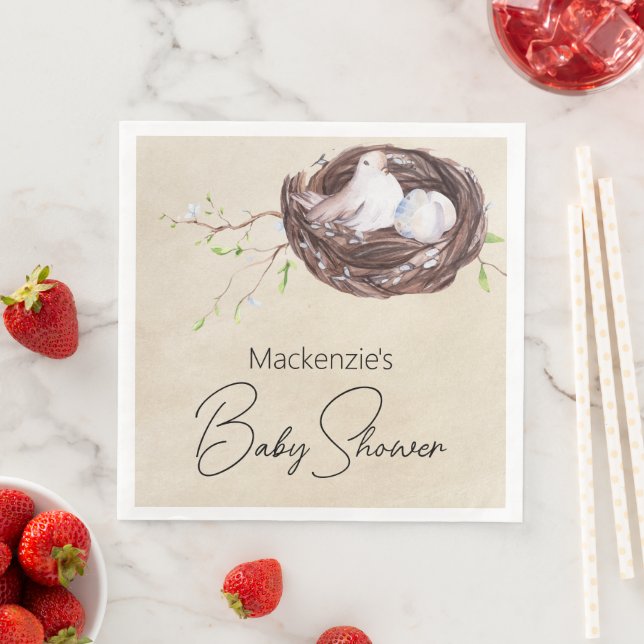 Watercolor Bird Nest Rustic Baby Shower Napkin (Insitu)