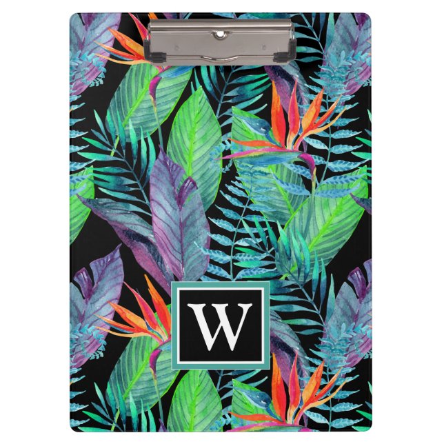 Watercolor Bird Of Paradise | Add Your Initial Clipboard (Front)