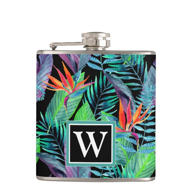 Watercolor Bird Of Paradise | Add Your Initial Hip Flask (Front)