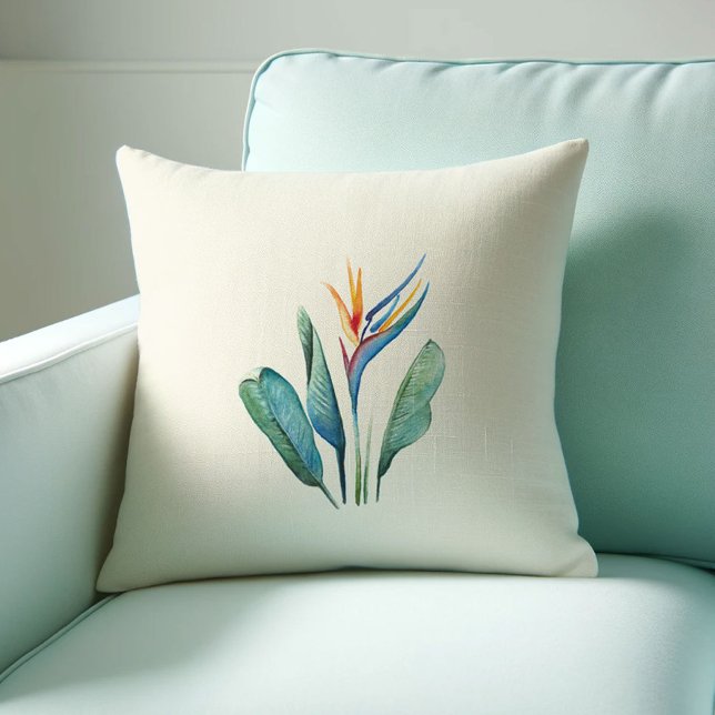 Watercolor Bird of Paradise Cushion (Tropical decor bird of paradise pillow watercolor art by Victoria Grigaliunas Do Tell A Belle)