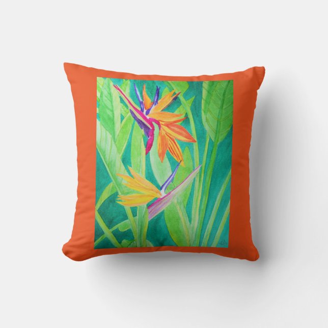 Watercolor Bird of Paradise Flowers Cushion (Front)
