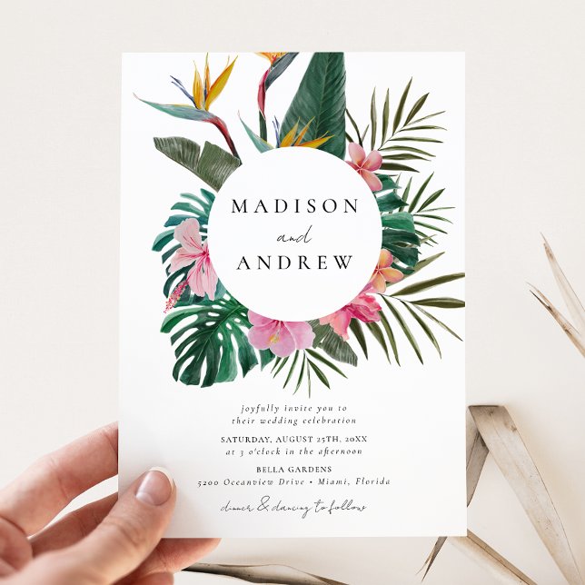 Watercolor Bird of Paradise Wreath Wedding Invitation (Creator Uploaded)