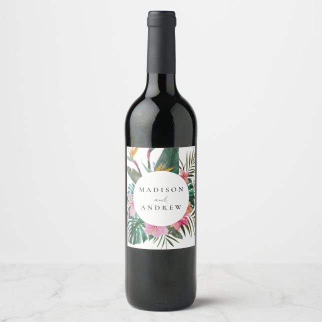 Watercolor Bird of Paradise Wreath Wedding  Wine Label (Front)