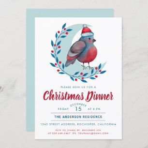 Watercolor Bird On Moon Christmas Dinner Party Invitation