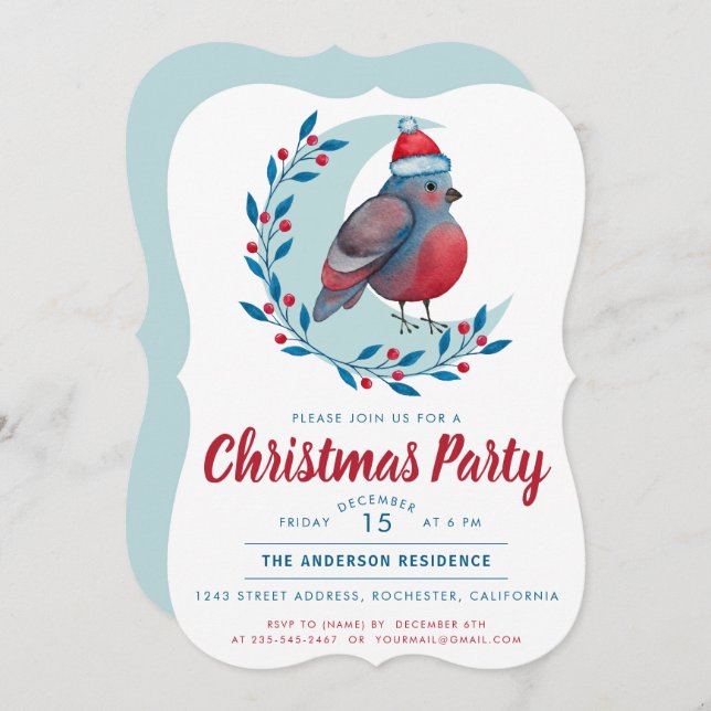 Watercolor Bird On Moon Christmas Party Invitation (Front/Back)