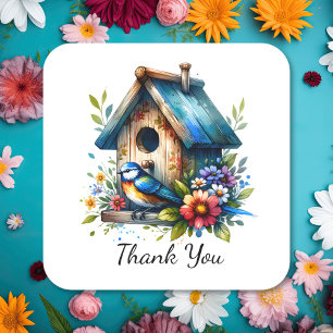 Watercolor Birdhouse and Bird Thank You Square Sticker