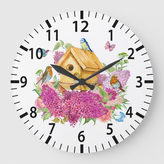 Watercolor Birdhouse, Birds and Lilac Flowers  Large Clock (Front)