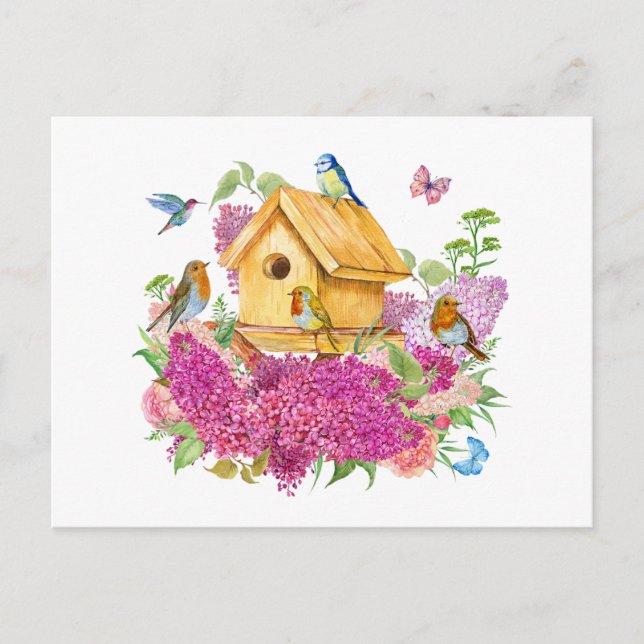 Watercolor Birdhouse, Birds and Lilac Flowers  Postcard (Front)
