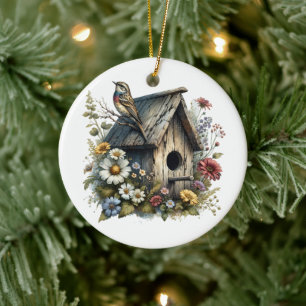 Watercolor Birdhouse Personalised Christmas Ceramic Tree Decoration
