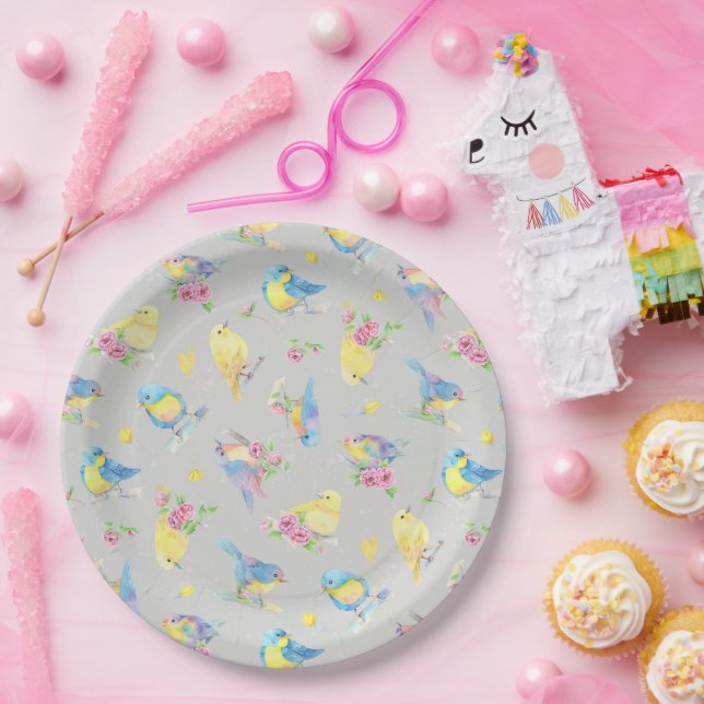 Watercolor Birds and Flowers charm Pattern Paper Plate (Party)