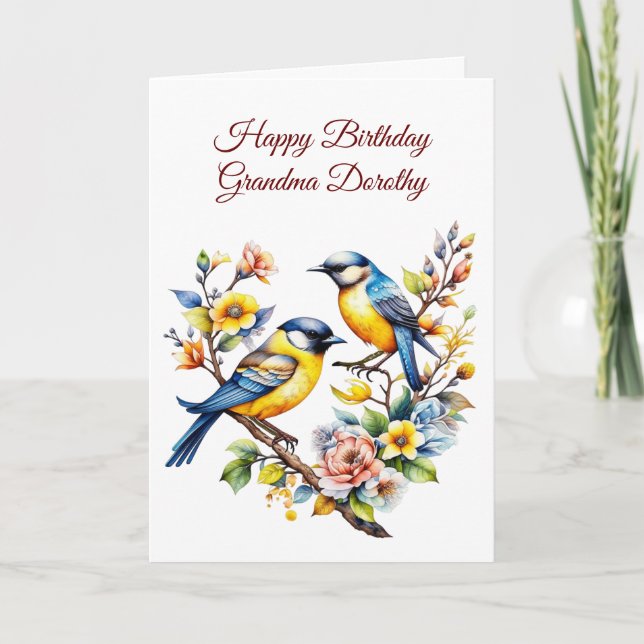 Watercolor Birds and Flowers Grandma's Birthday Card (Front)