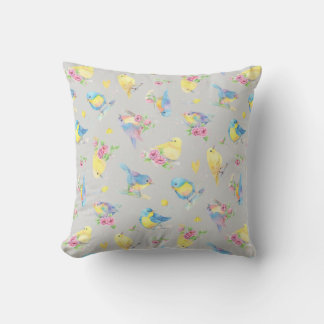 Watercolor Birds and Flowers Pattern hand drawn Cushion