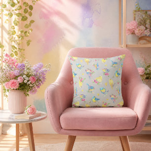 Watercolor Birds and Flowers Pattern hand drawn Cushion