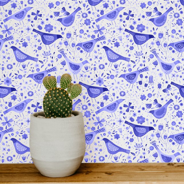 Watercolor Birds Blue and White Floral Wallpaper (Blue and white watercolor bird art wallpaper)