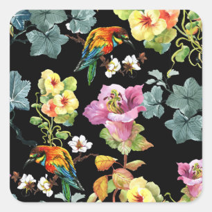 Watercolor Birds Flowers: Colourful Seamless. Square Sticker