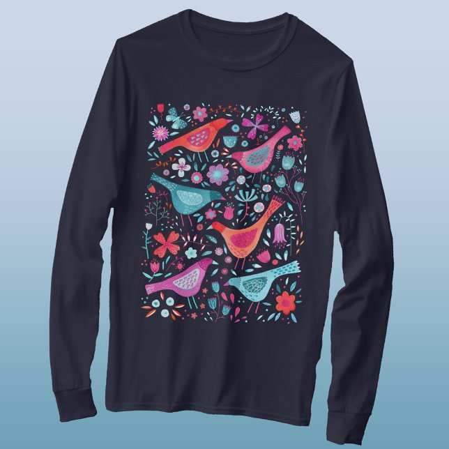 Watercolor Birds in a Garden Boho T-Shirt (Watercolor birds and wild flowers long sleeved t-shirt)