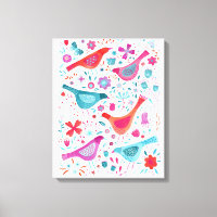 Watercolor Birds in a Garden of Flowers Painting