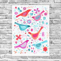 Watercolor Birds in a Garden of Flowers Painting