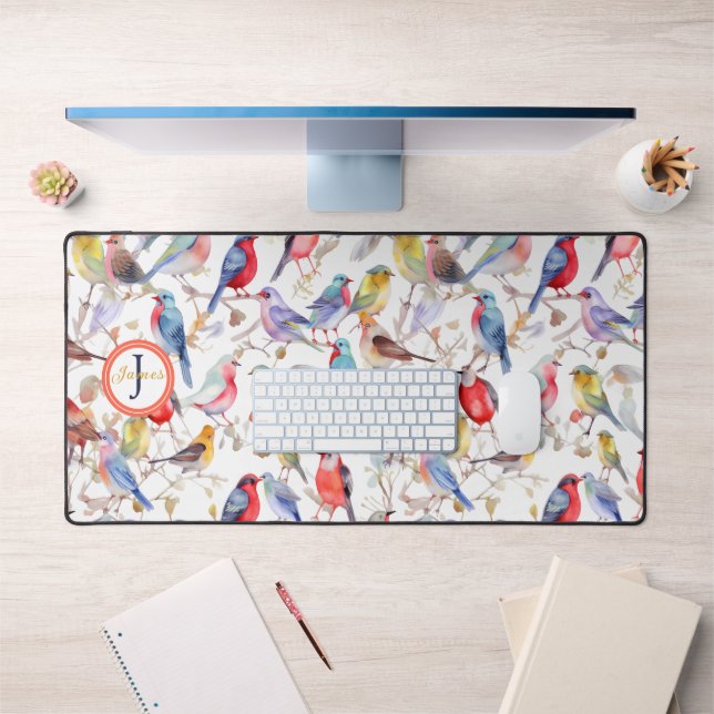 Watercolor Birds Monogram Pattern Desk Mat Art (Office 1)
