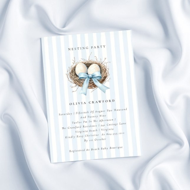 Watercolor Birds Nest Blue Bow Nesting Party  Invitation (Watercolor Birdsnest Blue Bow Nesting Party Invitation )