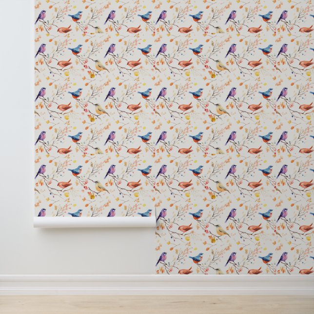 Watercolor Birds on Branch Pattern Wallpaper (Application)