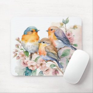 Watercolor Birds On Flower Branch Mouse Pad