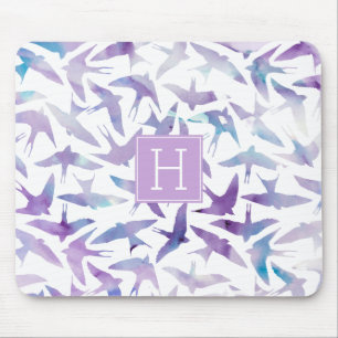 Watercolor Birds Pattern and Monogram Mouse Pad