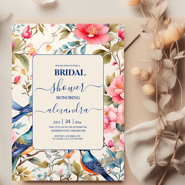 Watercolor Birds Peony Chinoiserie Garden Bridal Invitation (Creator Uploaded)